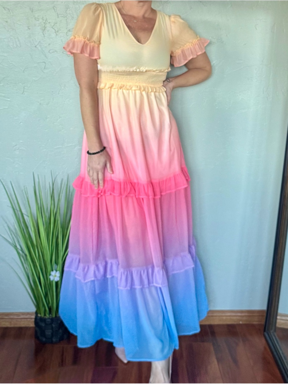 Main Strip Pastel Rainbow Ombre Ruffle Short Sleeve Maxi Dress - Picture 2 of 7
